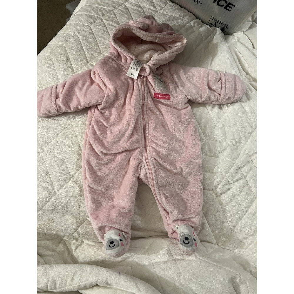 Carter's Child of Mine Baby Girls 3m Bears Hooded Fleece Pink Jumpsuit Infant